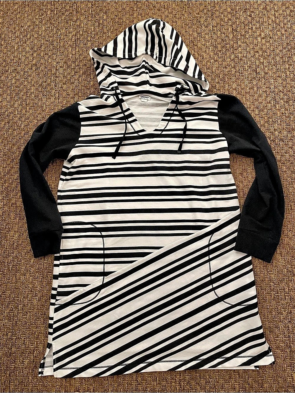 DKNY Striped Mini Hoodie Dress Black & White Size Large